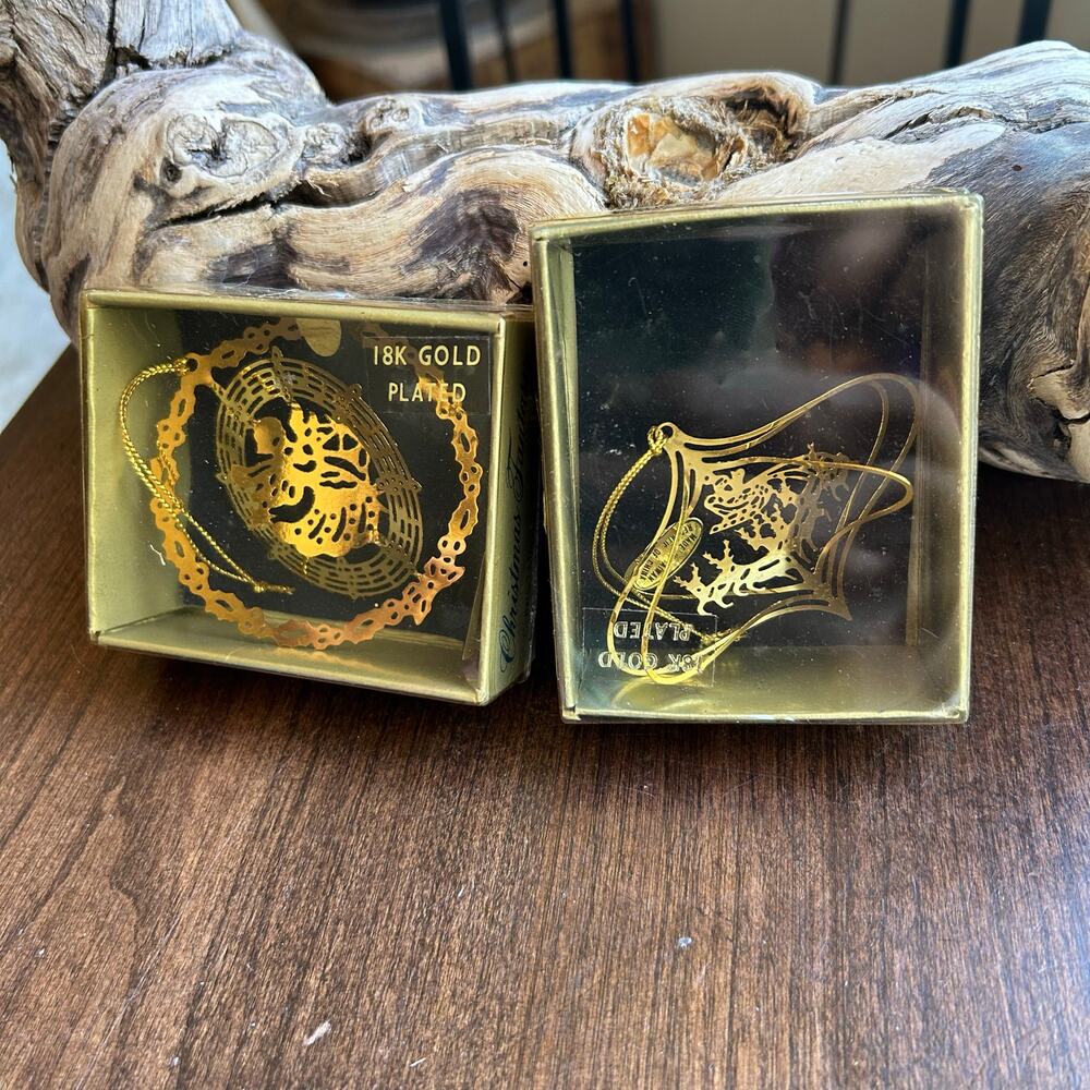 2 Vintage 18K Gold Plated Brass Christmas Ornaments By Christmas Fantasy in Box